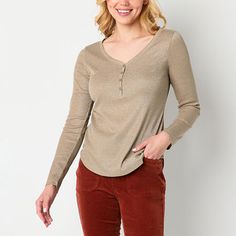 Made from soft, ribbed stretch-knit, this women's a.n.a henley shirt has a v-neckline, front button closures, and long sleeves. Perfect for layering, this versatile t-shirt can be worn alone or paired under a blazer or cardigan.Features: EssentialsClosure Type: Pullover Head, ButtonFit: Regular FitNeckline: Henley NeckSleeve Length: Long SleeveApparel Length: 25.6 InchesFiber Content: 64% Polyester, 20% Rayon, 10% Metallic, 6% SpandexFabric Description: RibCare: Machine Wash, Tumble DryMaterial: Henley Shirt Women, Women's Henley, Henley Shirt, Henley Shirts, Ribbed Fabric, Shirts & Tops, Button Placket, Women Long Sleeve, Shirts Tops