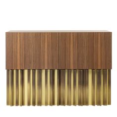 the sideboard is made out of wood and has gold stripes on it, as well as