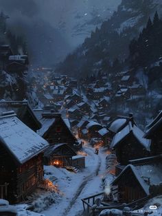 a snowy village with lots of houses and lights in the snow at night, surrounded by mountains