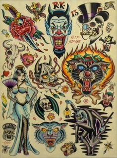 an old school tattoo flash sheet with skulls, cats and other tattoos on the back