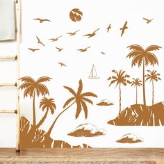 a wall with palm trees and birds on it