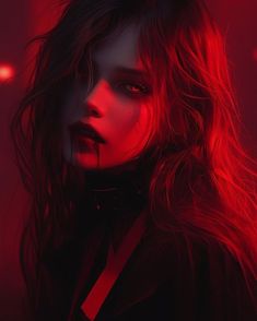 a woman with long hair and red lighting