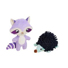 two small stuffed animals one is a hedgehog, the other a raccoon