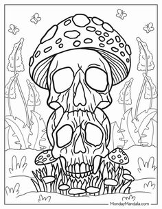 a coloring page with a skull and mushroom on it, in the middle of a field