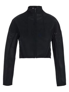 82% Polyamide, 18% Elastane Stretch Cropped Outerwear For Fall, Long Sleeve Nylon Winter Top, Long Sleeve Nylon Top For Winter, Nylon Long Sleeve Tops For Fall, Long Sleeve Nylon Tops For Fall, Spring Nylon Tops For Workwear, Spring Nylon Tops For Work, Sporty Fitted Cropped Jacket With Long Sleeves, Moncler Women