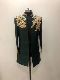 Sizes-30,32,3436,38,40,42,44,46,48,50,52 Unstitched Bandhgala With Gold Embroidery For Eid, Fitted Nehru Jacket With Gold Embroidery For Diwali, Designer Bandhgala With Gold Embroidery For Diwali, Fitted Unstitched Suit With Gold Embroidery For Eid, Diwali Designer Bandhgala With Gold Embroidery, Diwali Green Sets With Gold Embroidery, Designer Nehru Jacket With Gold Embroidery For Eid, Designer Sherwani With Gold Embroidery For Eid, Gold Embroidered Semi-stitched Sherwani For Eid