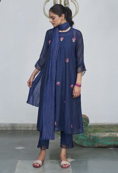 Midnight Blue Noir Kurta Set Blouse Yoke, Ancient Techniques, French Embroidery, Kurta Cotton, Blue Kurta, Organza Sleeves, Hand Looms, Embroidered Neckline, Indian Fashion Designers