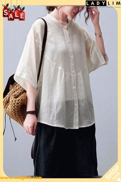 Women White Stand Collar Button Summer Cotton Linen Blouses Oversized Beige Buttoned Top, Short Manto, Oversized Solid Tops With Buttons, Tunik Linen, Linen Blouses, Linen Top Women, Linen Shirts Women, Comfortable Room, Linen Blouse