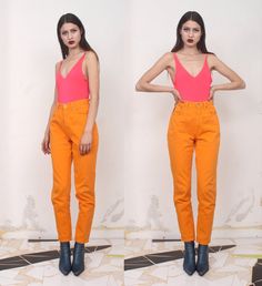 "vintage 90s bright orange high waist jeans> five pockets label> h&j \\ holiday&jeans material> cotton size> 46\\32 waist> 74cm\\ 29'' hips> 102cm\\ 40'' length> 103cm\\ 40'' inseam> 28cm\\ 11\" condition> great vintage condition> minimal wear | model is 174 cm [5'8\"] and measures 80-56-90 cm [31\"-22\"-35\"] |" Orange Straight Leg Summer Bottoms, Orange Straight Leg Bottoms For Summer, Retro High Waist Orange Pants, Retro High-waisted Orange Pants, Retro Orange High-waisted Bottoms, Retro Orange High-waisted Pants, Vibrant Orange Spring Bottoms, Trendy Orange Straight Leg Bottoms, Trendy Orange Straight Leg Pants