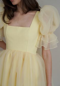 × Yellow Dress Puffy Sleeves, Ruffles Sleeves Dress, Womens Frocks Design, Sleeves Design For Frocks, Marriage Function Dresses For Women, Organza Dress Styles, Organza Sleeves Design, Yellow Dress With Sleeves, Yellow Dress Design