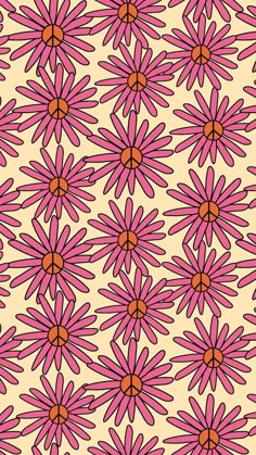 a pink flower pattern is shown on a beige background with brown dots and an orange center