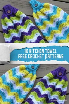 three crocheted towels with the words 10 kitchen towel free crochet patterns