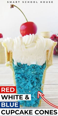 red, white and blue cupcake cones with cherry on top