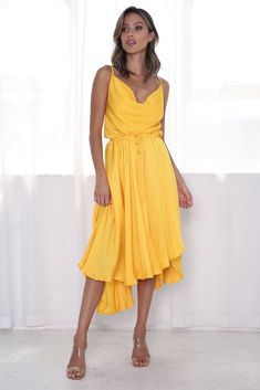 Sunshine Midi Dress - Mango Spagetti Strap, Michigan Usa, Dressy Outfits, Shades Of Yellow, The Sunshine, Waist Tie, High Low Dress, Stretch Fabric, Built In