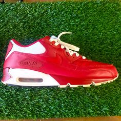 Size 10.5 New-Good Condition Red Leather Sneakers With Air Cushioning, Nike Leather Custom Sneakers With Air Max Cushioning, Custom Red Leather Sneakers With Air Cushioning, Custom Red Leather Sneakers With Air Max Cushioning, Air Max 90 Women, Nike Red, Nike Shoes Women, Shoes Women, Air Max