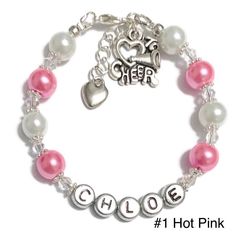 Please see more choices in my store. https://www.etsy.com/shop/CharmingDivaBoutique Make EVERYONE feel special with a personalized bracelet made just for HER This would be perfect for Birthday, Holiday, Cheerleading Team/Group or any occasion jewelry or gift for children & adults Bracelets are made to order, so there may be more or less beads to accommodate size. Please indicate the recipient's name, size, age (kids) & your message (gift box only) in the notes section when you're placing Cheer Bracelets, Charm Bracelets For Girls, Team Bracelets, Cheerleading Team, Princess Charming, Diva Boutique, Sports Bracelet, Personalised Gift Boxes, Personalized Bracelet