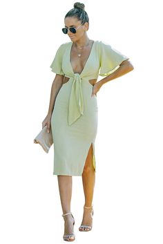 Green Ruffled Sleeves Cut Out Midi Dress with Slits Chic Midi Dress With Split Design And V-neck, Chic Midi Dress With V-neck And Split Design, Summer Midi Dress With Split Design For Vacation, Spring Knee-length Midi Dress With Split Design, Summer Vacation Midi Dress With Split Design, Spring Midi Dress With Split Design For Date Night, Spring Dress With Split Hem And Design, Chic Beach Dress With Split Hem, Spring Dresses With Split Design And Hem