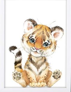 a watercolor painting of a baby tiger cub sitting in front of a white background