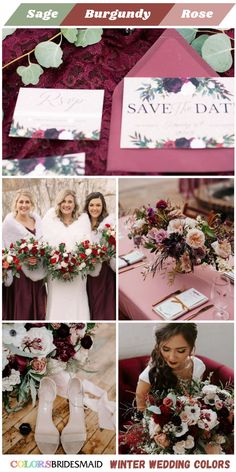 a collage of wedding photos with flowers and greenery on the top, in burgundy tones