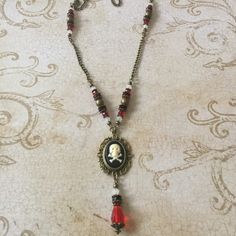 Amazing Brass Setting With Resin Jolly Roger Skull Cameo, Iced & Red & Onyx Czech Crystals With Brass Components Pirate Jewelry Diy, Pirates Jewelry, Pirate Necklace, Skull Cameo, Pirate Costumes, Pirate Jewelry, Pirate Wench, Brass Components, Sea Jewelry