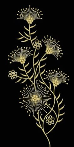 the embroidery design is done in gold and black with white flowers on a black background