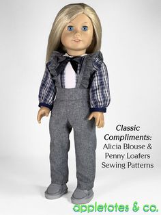 a doll with blonde hair wearing overalls and a bow tie is shown in front of a white background