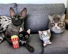 three cats are sitting on a couch with popcorn and cat figurines in front of them