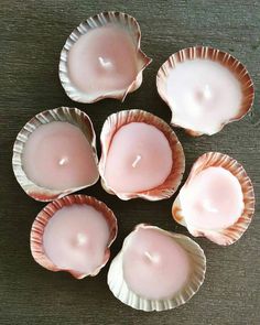 six pink candles in shells on a table