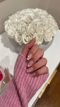 Valentine French Tip Nails Almond, Valentine's Day Nails Short Almond, Valentines Almond Nails Short, Valentines Day Nails Oval Shape, Almond Nails French Tip Valentines, February Nails Ideas Almond Shape, Short Almond Acrylic Nails Valentines, Oval Valentines Nails Pink, Almond Nails February 2024