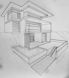 a drawing of a house with stairs leading up to it