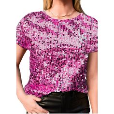 Elevate your style with the Anna-Kaci Glitter Sequin Tops, a dazzling blend of glamour and comfort. Crafted from lightweight 100% polyester fabric with a hint of stretch, this short-sleeve sparkly binding shirt blouse features an all-over sequin design and a soft full lining for lasting comfort. The durably stitched sequins ensure longevity, making it an ideal choice for various occasions. Stand out from the crowd with this glittering tunic top, perfect for parties, concerts, or any dressy event Disco Shimmer Tops For Party Season, Disco Style Shimmer Tops For Party Season, Trendy Shiny Top For Party Season, Glamorous Shimmer Sequin Fabric For Spring, Trendy Shiny Tops For Party Season, Trendy Shimmer Tops For Party, Spring Night Out Sequin Shimmer Fabric, Spring Night Out Sequin Fabric With Shimmer, Spring Sequin Fabric For Night Out With Shimmer