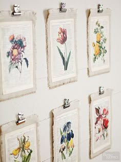 there are many pictures hanging on the wall with flowers in them and one has a clipboard attached to it