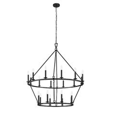 a black chandelier with candles hanging from it's center point, on a white background