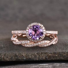 Amethyst Ring Amethyst CZ Wedding Ring Set Natural Round Cut | Etsy Purple Wedding Rings, Emerald Wedding Rings Set, Purple Engagement Rings, Cz Wedding Ring Sets, Amethyst Wedding Rings, Opal Engagement Ring Set, Amethyst Engagement Ring, Anniversary Ring Set, Amethyst Wedding