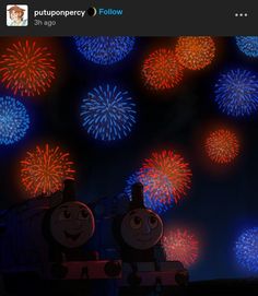 thomas the tank engine with fireworks in the background