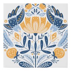 an abstract floral design in blue, yellow and white