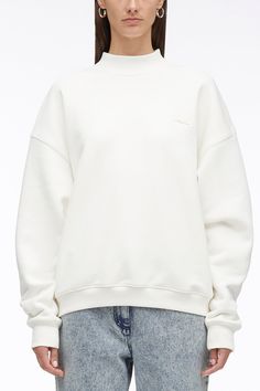 Classic White Turtleneck With Ribbed Cuffs, Winter High Neck Sweatshirt With Ribbed Collar, White Oversized Turtleneck Sweatshirt, Oversized White Turtleneck Sweatshirt, Winter High Neck Sweatshirt With Ribbed Cuffs, Relaxed Fit High Neck Turtleneck With Ribbed Cuffs, High Neck Sweatshirt With Ribbed Cuffs For Winter, Classic Oversized Sweatshirt With Ribbed Cuffs, Casual High Neck Cotton Sweatshirt