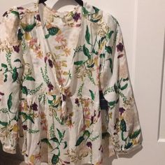 Brand New Floral ( See Pictures, Please) Cotton Floral Print Blouse For Brunch, Patterned Floral Print Top For Brunch, Casual Patterned Tops For Brunch, Green Cream, Floral Blouse, See Pictures, See Picture, Lucky Brand, Top Blouse