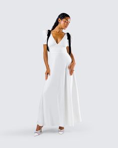 Be the girl of their dreams in this white maxi dress 😙 Made from crepe fabric and complete with velvet bows at the shoulders and puff sleeves, this look will have you looking like a walking fairytale 🤍 White Puff Sleeve Maxi Dress, White Non-stretch Maxi Dress, Affordable Non-stretch White Maxi Dress, White Stretch V-neck Maxi Dress, White Stretch A-line Maxi Dress, Black Off Shoulder, White Maxi, Graphic Top, White Jersey