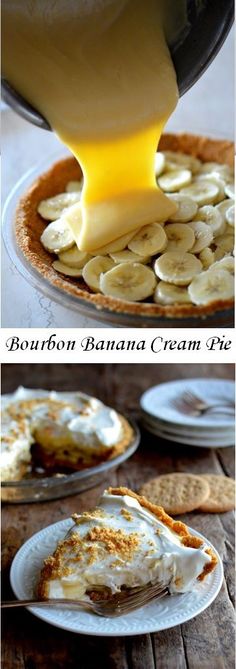 banana cream pie is being drizzled with butter on the top and bottom