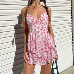 Tavimart Lace Up Backless Party Dresses Pink Summer V Neck Floral Print Sexy Beach Mini Dresses for Women Sundress Vacation Vestido Frill Mini Dress, Beach Mini Dress, Floral Print Chiffon, Mini Dress Fashion, Mini Sundress, Pink Gowns, Dress Stores Online, Mini Dresses For Women, Sweet Floral