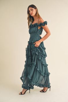 Romantic frills enliven this tiered maxi dress done in a flow-y fabric and trimmed in cascading ruffles. • Adjustable Straps• Ruffled Off Shoulder Neck line• Belted Tie Back Waist• Tiered Ruffle Details• Lined• Back Zipper• Approximately 42" length from waist down Tiered Frill Dress, Teal Boho Dress, Teal Clothes Aesthetic, Smart Casual Outfits For Women, Semi Formal Wedding Attire, New Year Fashion, Teal Outfits, Off Shoulder Bridesmaid Dress, Ruffles Bridesmaid Dresses