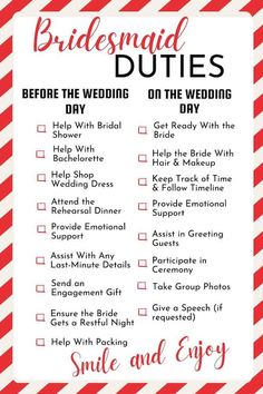 a red and white striped wedding checklist with the words bridal duties before the wedding on the wedding day