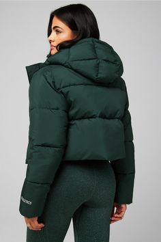 Essential Cropped Hooded Puffer Fabletics green female Activewear >> Womens >> Jackets & Outerwear >> Jackets regular Everyday Hidden Pockets/Reflective/Water-Resistant Cropped Hooded Jacket, Dark Green Puffer Jacket, Female Activewear, Green Puffer Jacket, Green Puffer, Winter Running, Cropped Puffer Jacket, Long Puffer, Womens Jackets