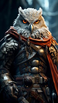 an owl dressed in armor and wearing a red scarf