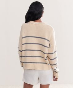 Chloe Crewneck Cream/Dusty Blue Stripe In 100% breathable cotton, it’s a classic silhouette in a casual cropped style—perfect for welcoming warmer weather. | Jenni Kayne Women's Chloe Crewneck Top Size X-Small Jenni Kayne Chloe Crewneck, Blue Textured Knit Cropped Sweater With Crew Neck, Soft-washed Crew Neck Sweater In French Terry, Blue Soft-washed Crew Sweatshirt, Soft-washed Blue Crew Sweatshirt, Chloe Sweater, Jenni Kayne, Fisherman Sweater, Off Shoulder Sweater