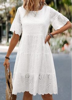 Color:White;Size:S;Size:M;Size:L;Size:XL;Size:2XL;Package Contents:1 X Dress;Occasion:Other;Style:Bohemian; White Hollow Out Mini Dress For Vacation, White Short Sleeve Dress With Drawstring, Casual Hollow Out Mini Dress, White A-line Short Sleeve Dress For Spring, White Hollow Out Mini Dress For Spring, White Hollow Out Dress For Spring, White Hollow Out Dress For Day Out, White Casual Eyelet Dress, White Eyelet Mini Dress For Summer