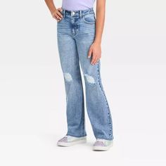 Girls' High-rise Baggy Wide Leg Jeans - Art Class™ : Target Baggy Wide Leg Jeans, Stretch Denim Fabric, Cute Jeans, Jeans Kids, Girls High, Comfy Fashion, Kids Outfits Girls, Bottom Clothes, Pair Of Pants