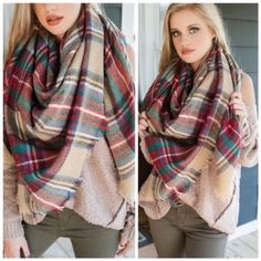 Beige Plaid Blanket Scarf Acrylic Preppy Christmas Gifts, Scarf Tops, Chic Tomboy, Long Sleeves Tops, Tops Winter, Rainbow Scarf, Preppy Christmas, Sweater Preppy, Ruffle Scarf