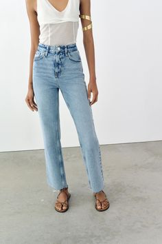 HIGH RISE Z1975 STRAIGHT LEG JEANS - Mid-blue | ZARA United States Straight High Rise Jeans Outfit, Women’s Straight Leg Jeans, High Rise Jeans Outfit, Straight Jeans Outfit, Zara Mom Jeans, High Rise Straight Leg Jeans, Waistcoat Dress, Cardigan Sweater Vest, Cardigan Shirt